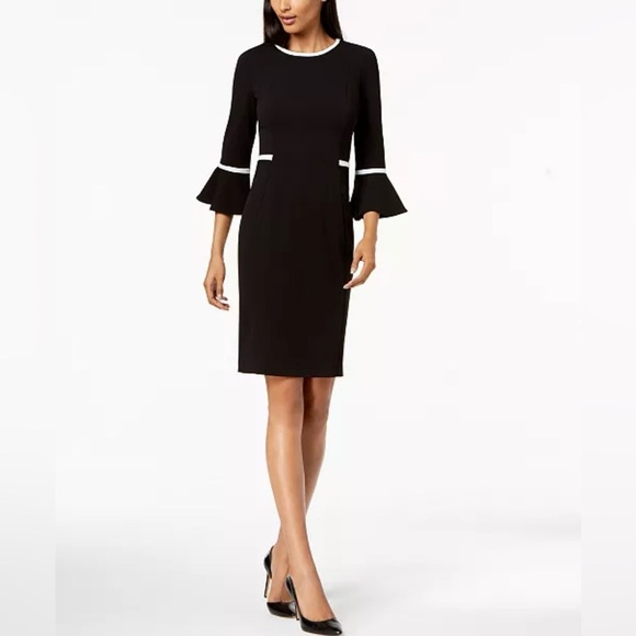 Calvin Klein Women’s Sheath Dress Black with White Piped Trim Bell Sleeves 4P - Picture 5 of 10